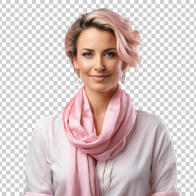 PSD a woman with pink hair wearing a white shirt and pink scarf isolated on transparent background