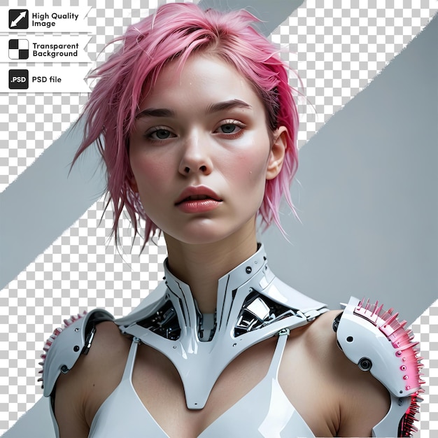 PSD a woman with pink hair and a white robot logo on the cover