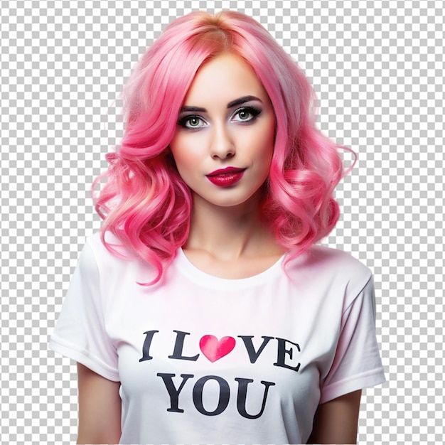 a woman with pink hair and a white top that says png