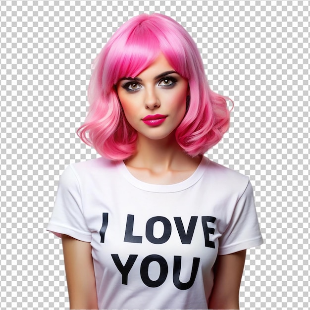 PSD a woman with pink hair and a white top that says png