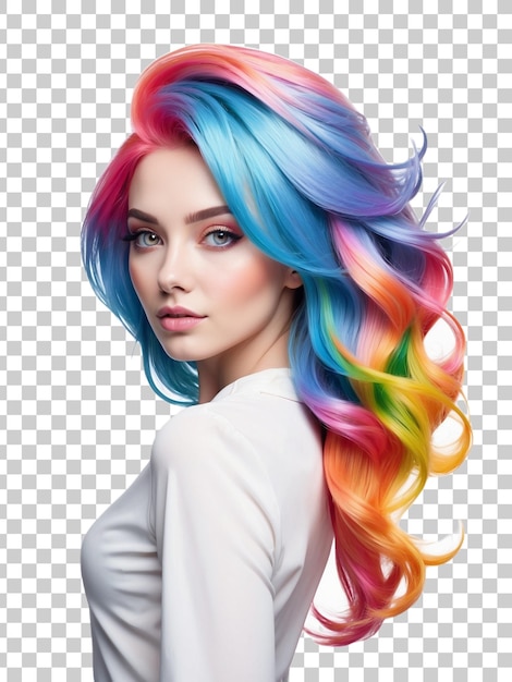 PSD a woman with rainbow hair and a white dress with a design on the front