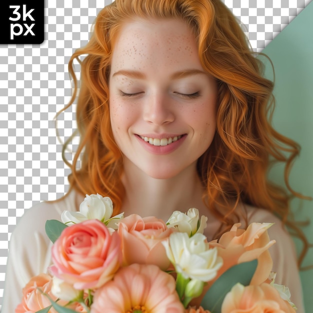 a woman with red hair and a bouquet of flowers