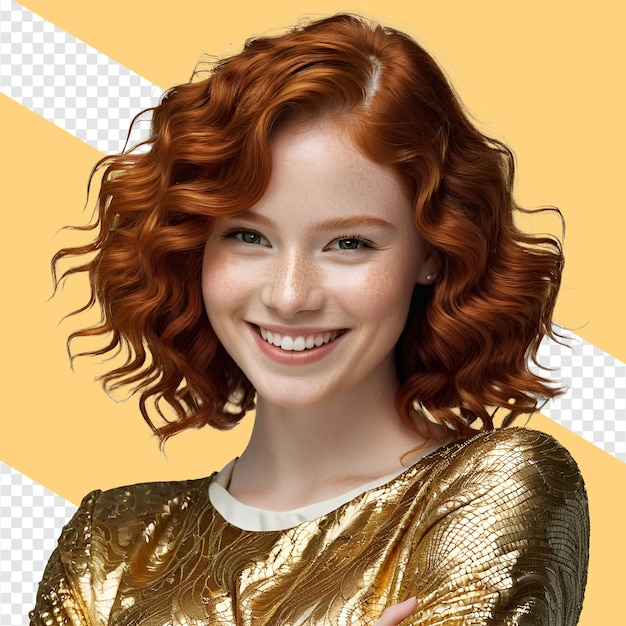 woman with red hair and a gold dress with a white stripe on the front