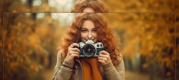 Woman With Red Hair Holding a Camera in an Autumnal Forest