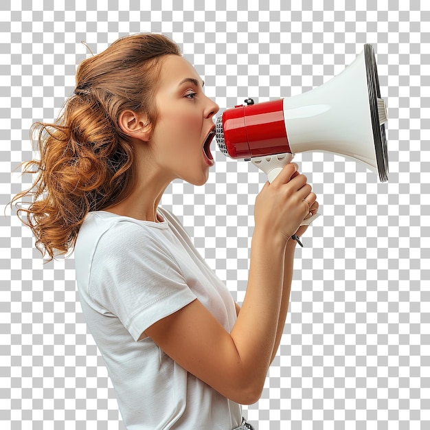 A woman with red hair is holding a megaphone and yelling into it