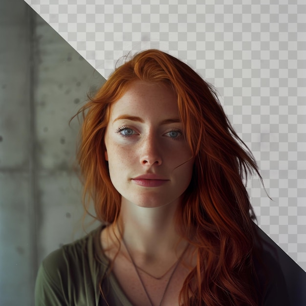 PSD a woman with red hair is standing in front of a white background