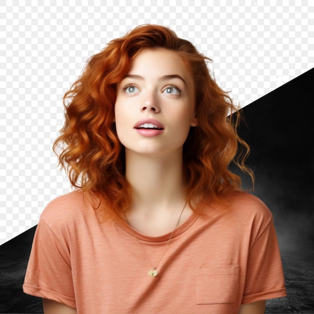 PSD a woman with red hair and a white shirt is standing in front of a black background