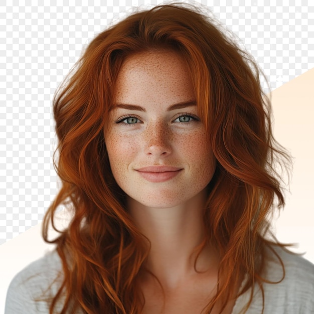 PSD a woman with red hair and a white shirt with a picture of a smiling woman