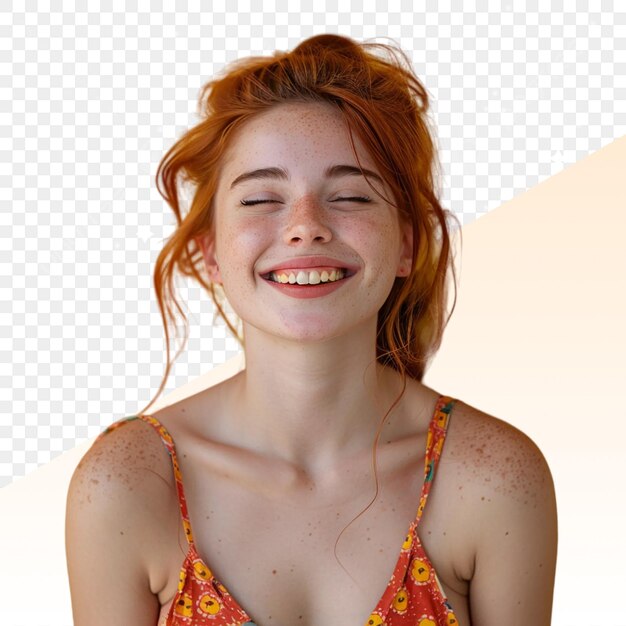 PSD a woman with red hair and a yellow and orange top has a freckles on it