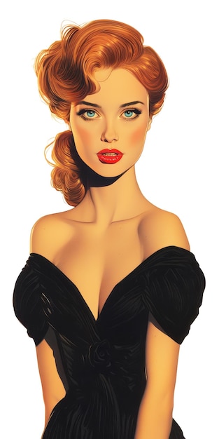 a woman with red lips is wearing a black dress with a red lip