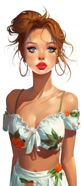 a woman with a red lips and a white flower in her hair