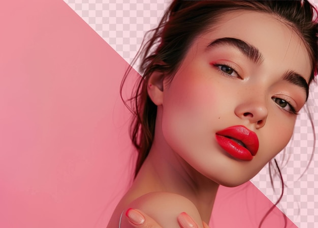 PSD a woman with red lipstick and a pink lip