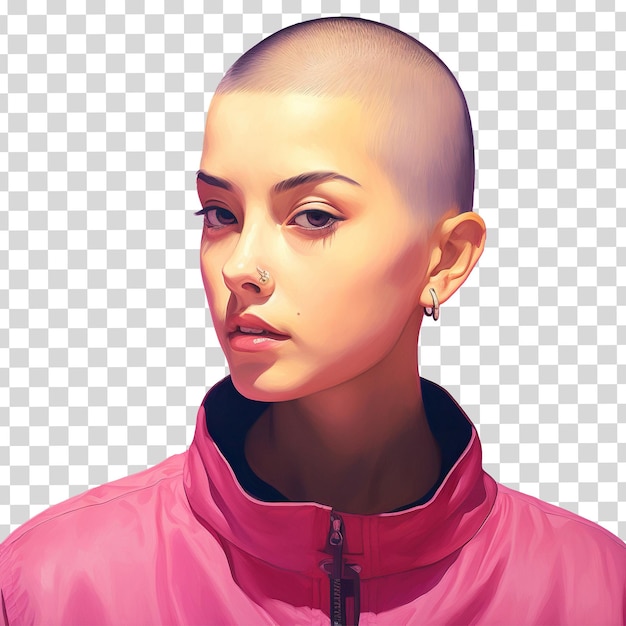 PSD a woman with a shaved head and a pink jacket with a black collar