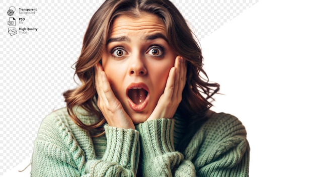 PSD woman with shocked expression wearing green sweater