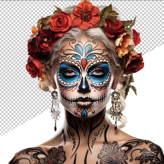 a woman with a skull tattoo on her chest is posing for a photo