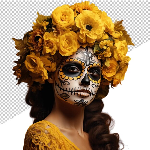 a woman with a skull and yellow flowers on her head