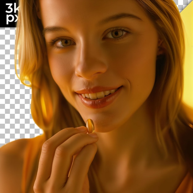 a woman with a smile on her face is holding a yellow pill