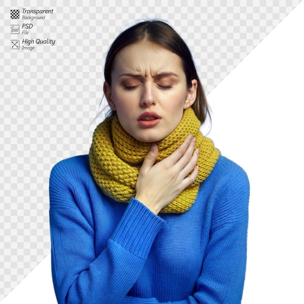 A woman with a sore throat indicating she might be unwell on a transparent background