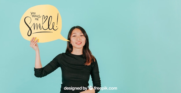 Woman with speech bubble mockup