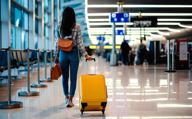 PSD a woman with a suitcase is walking in an airport