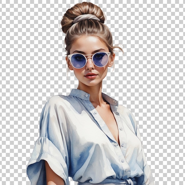 PSD a woman with sunglasses and a blue shirt is standing in front of a drawing of a girl