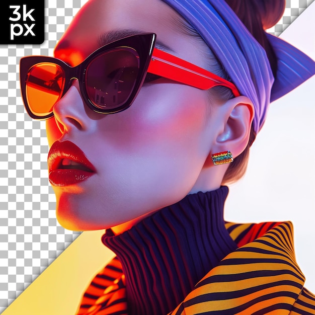 PSD a woman with sunglasses and a striped top with the letters k - x on it