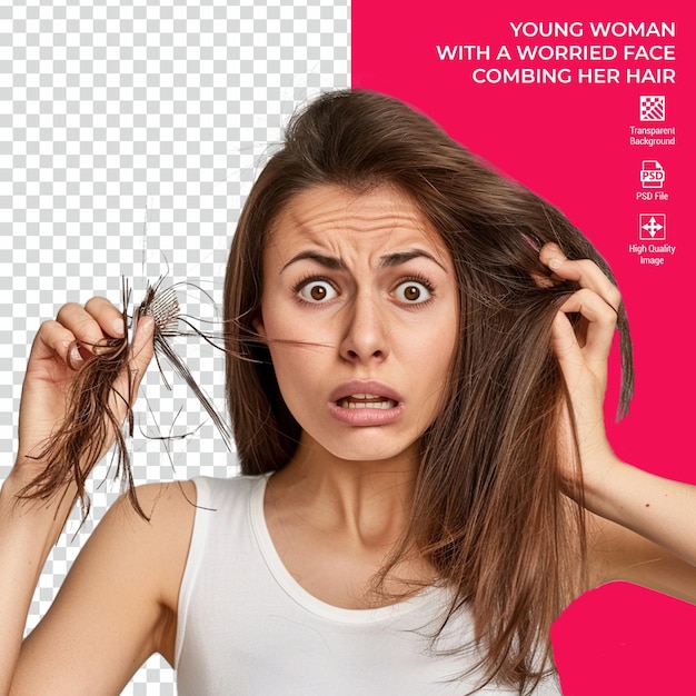 PSD woman with surprised expression holding her hair with a hair clip isolated on transparent background