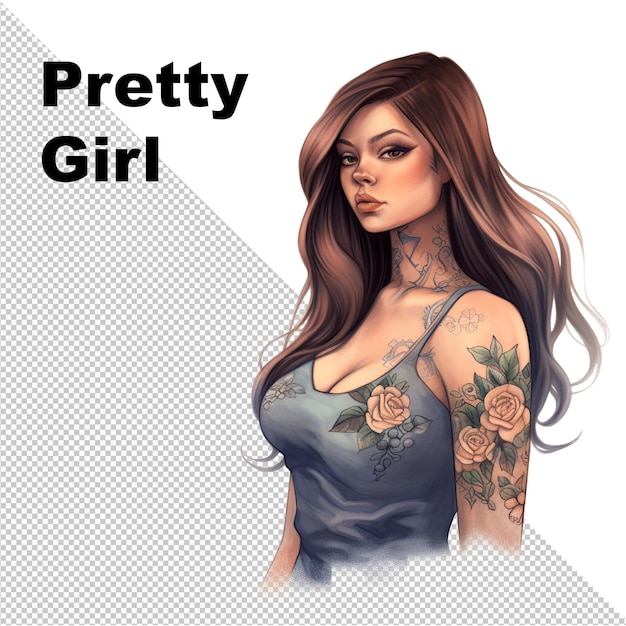 A woman with a tattoo on her arm and the words pretty girl on the left.