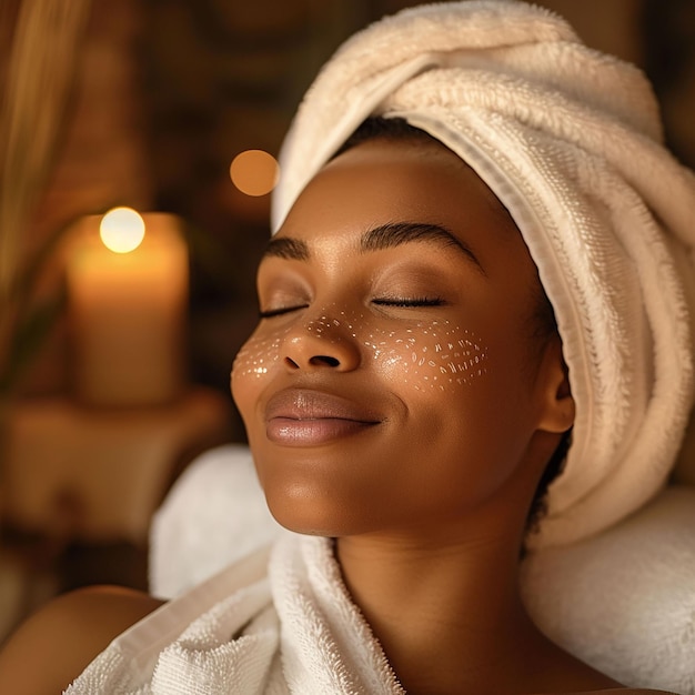 a woman with a towel wrapped around her face