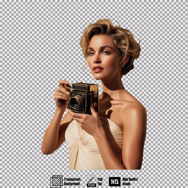 A woman with a vintage film camera on transparent background