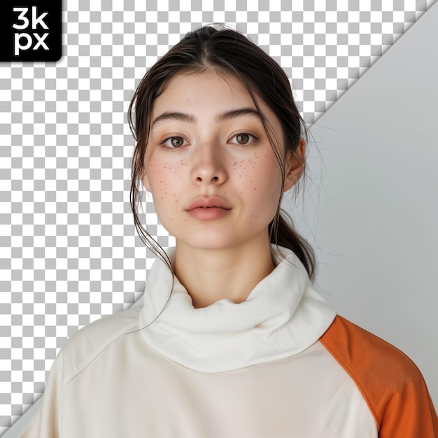 PSD a woman with a white and orange shirt that says x2