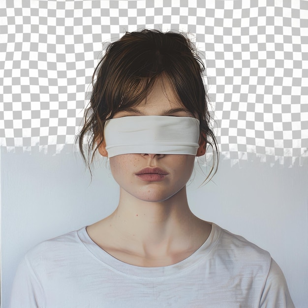 PSD a woman with a white shirt covering her eyes with a white shirt that says  a  on it