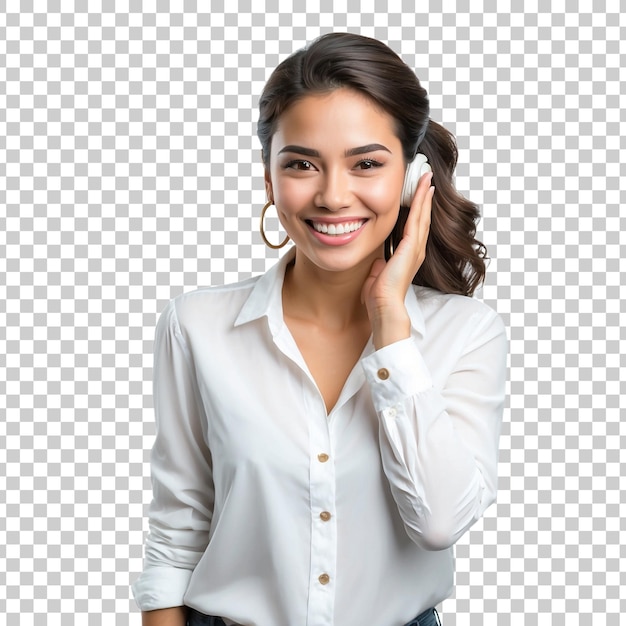 a woman with a white shirt that says she is smiling Isolated on Transparent Background