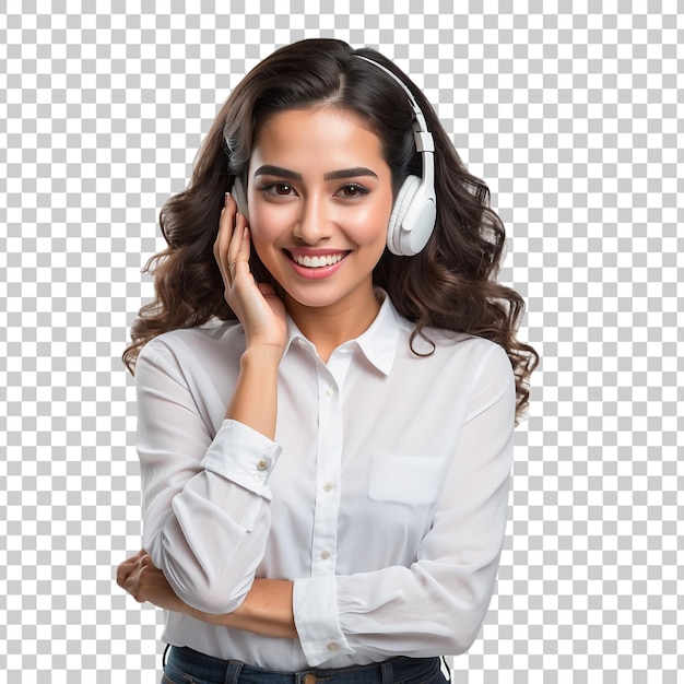 a woman with a white shirt that says she is smiling Isolated on Transparent Background