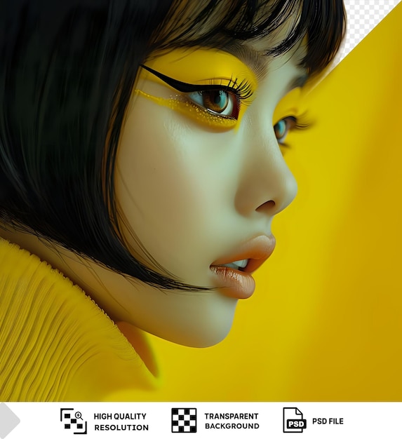 PSD woman with yellow makeup and bob haircut looking away against a transparent background