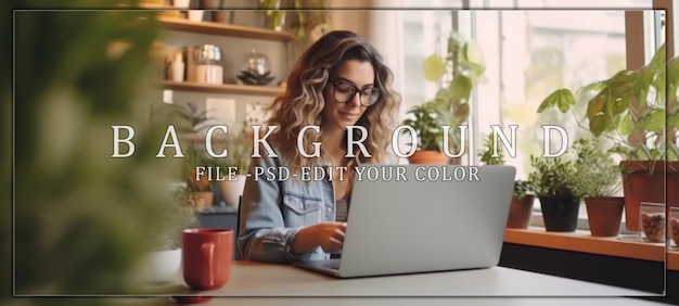 PSD woman working on laptop in a cozy home office