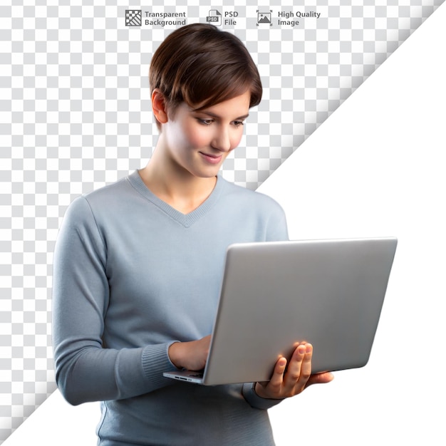 Woman working on a laptop smiling while typing