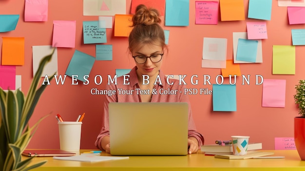 PSD woman working on laptop with colorful notes