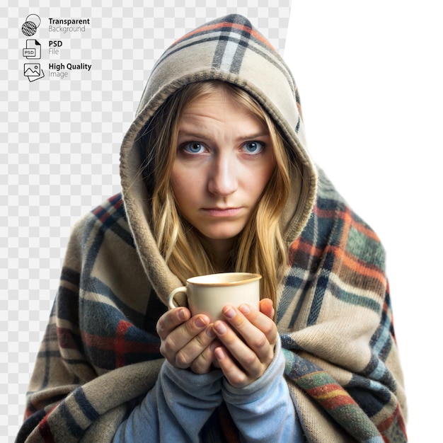 Woman Wrapped in Plaid Blanket Holding a Cup of Tea Looking Ill on Transparent Background