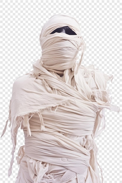 a woman wrapped in a plastic bag with a black hat