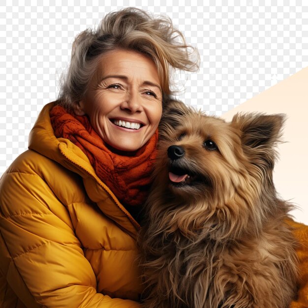 PSD a woman in a yellow coat with a dog on her shoulder