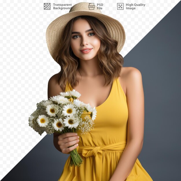 a woman in a yellow dress holds a bouquet of flowers.