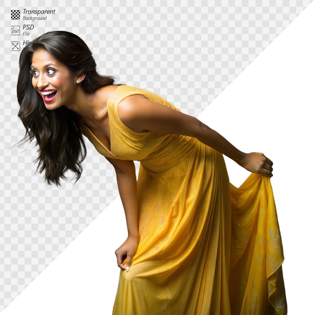 Woman in yellow dress laughing on a transparent background