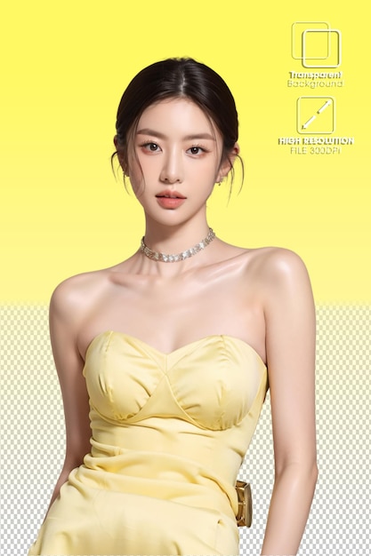 a woman in a yellow dress with a necklace on her neck