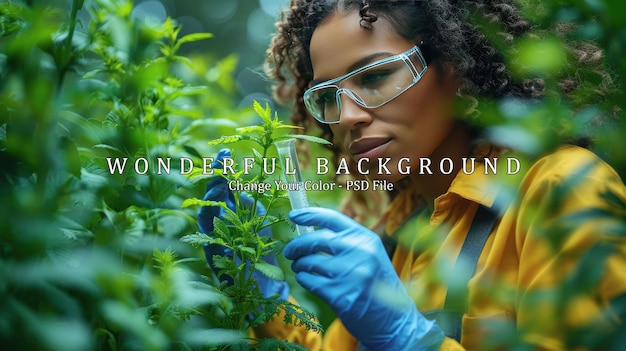 Woman in Yellow Examining Plant with Test Tube