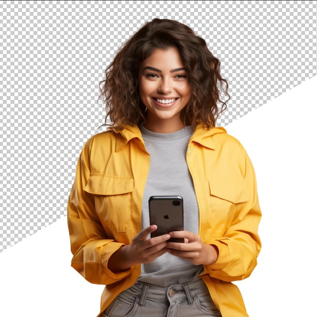 a woman in a yellow jacket is holding a phone and smiling