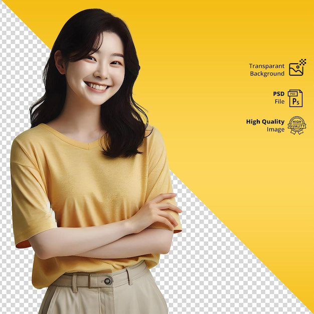 a woman in a yellow shirt and transparant background psd