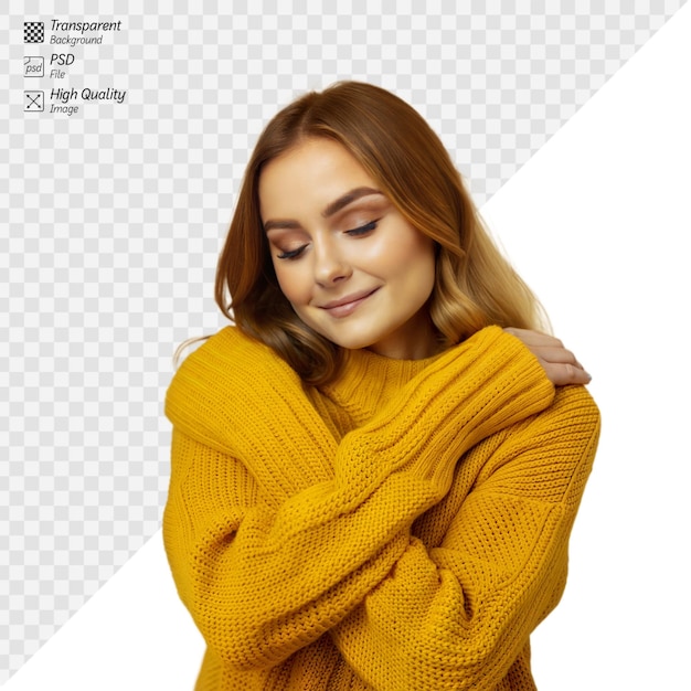 PSD woman in yellow sweater showing selflove and comfort on transparent background