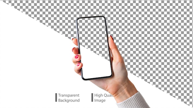 Womans Hand Holding Smartphone With Blank Screen on Transparent Background