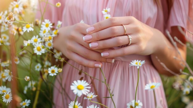 Womans Hands with French Manicure and Rings in a Field of Daisies